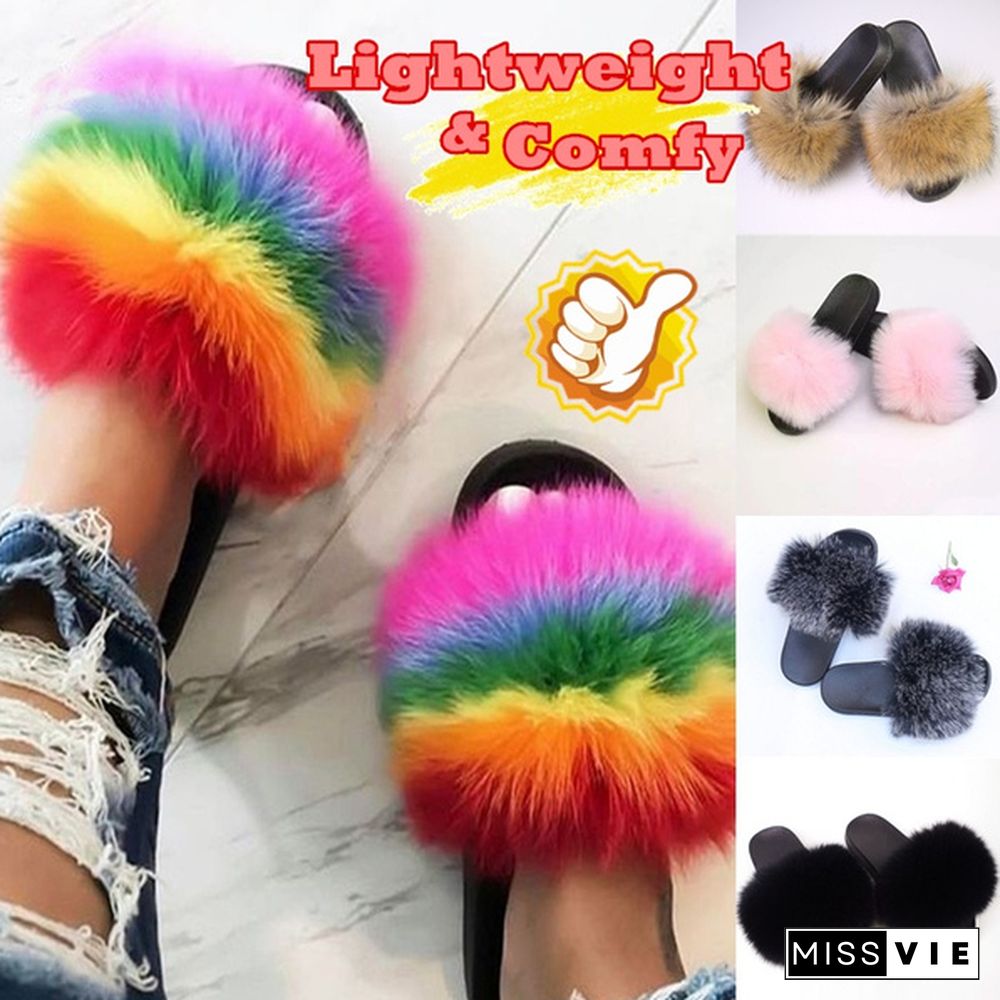 Women New Fashion Fluffy Faux Fur Slippers Sandals Indoor Outdoor Plush Slides Home Flat Shoes