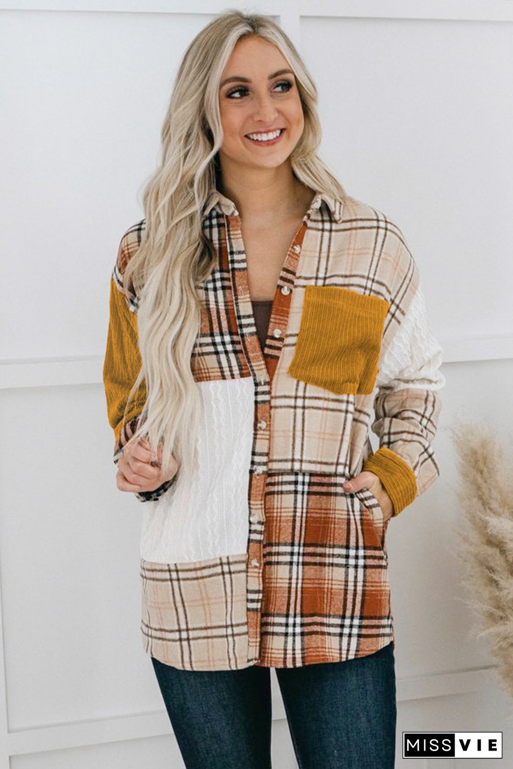 Orange Plaid Color Block Patchwork Shirt Jacket with Pocket