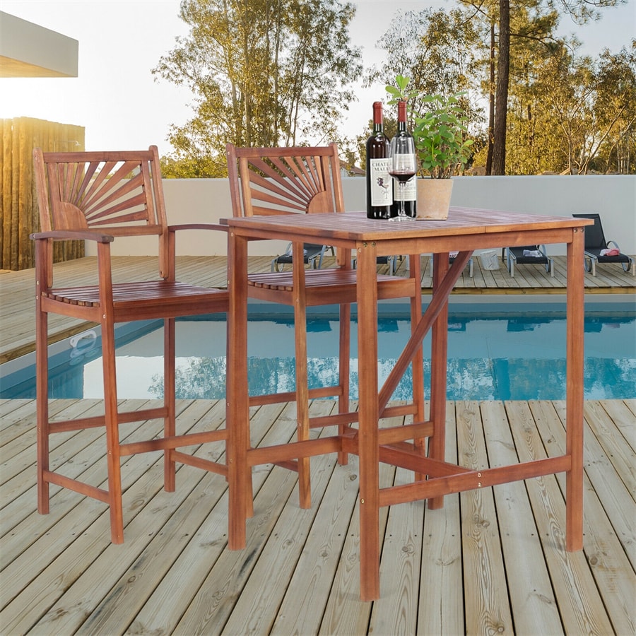 3 Pcs Acacia Wood Dining Set Outdoor Patio Bar Table Set Bistro Set with Two Bar Stools