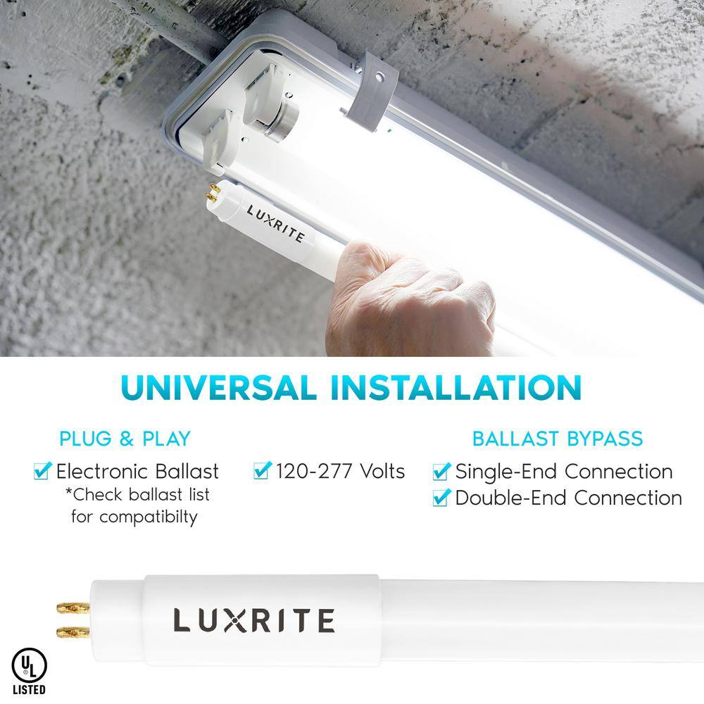 LUXRITE 4 ft. 24-Watt Linear T5 LED Tube Light Bulb Ballast and Ballast Bypass Compatible 4000K Cool White Damp Rated (12-Pack) LR34158-12PK