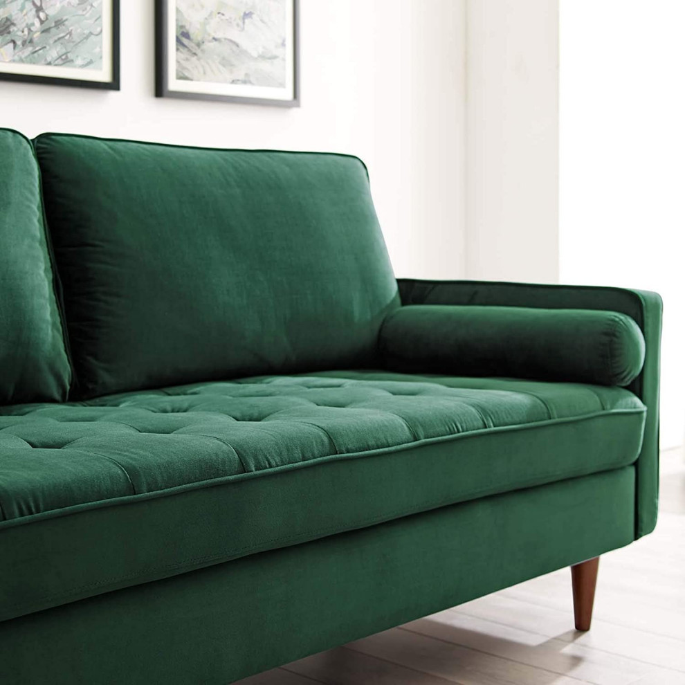 Contemporary Sofa  Green Velvet Upholstery With Tufted Seat and Bolster Pillows   Contemporary   Accent And Garden Stools   by Decor Love  Houzz