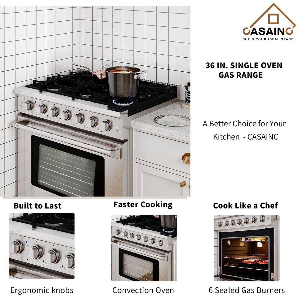 CASAINC 36 in. 6.0 cu. ft. Freestanding Single Oven Gas Range in. Stainless Steel with Convection Fan and 6 Burner CA-HXJ360R