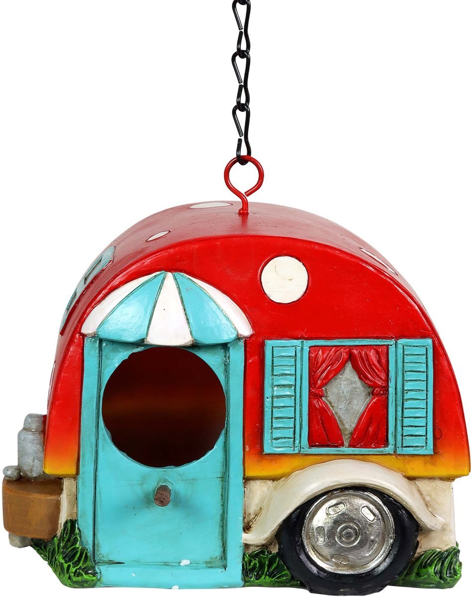 Exhart Hand Painted Hanging Camping Trailer Resin Bird House， Red/Blue