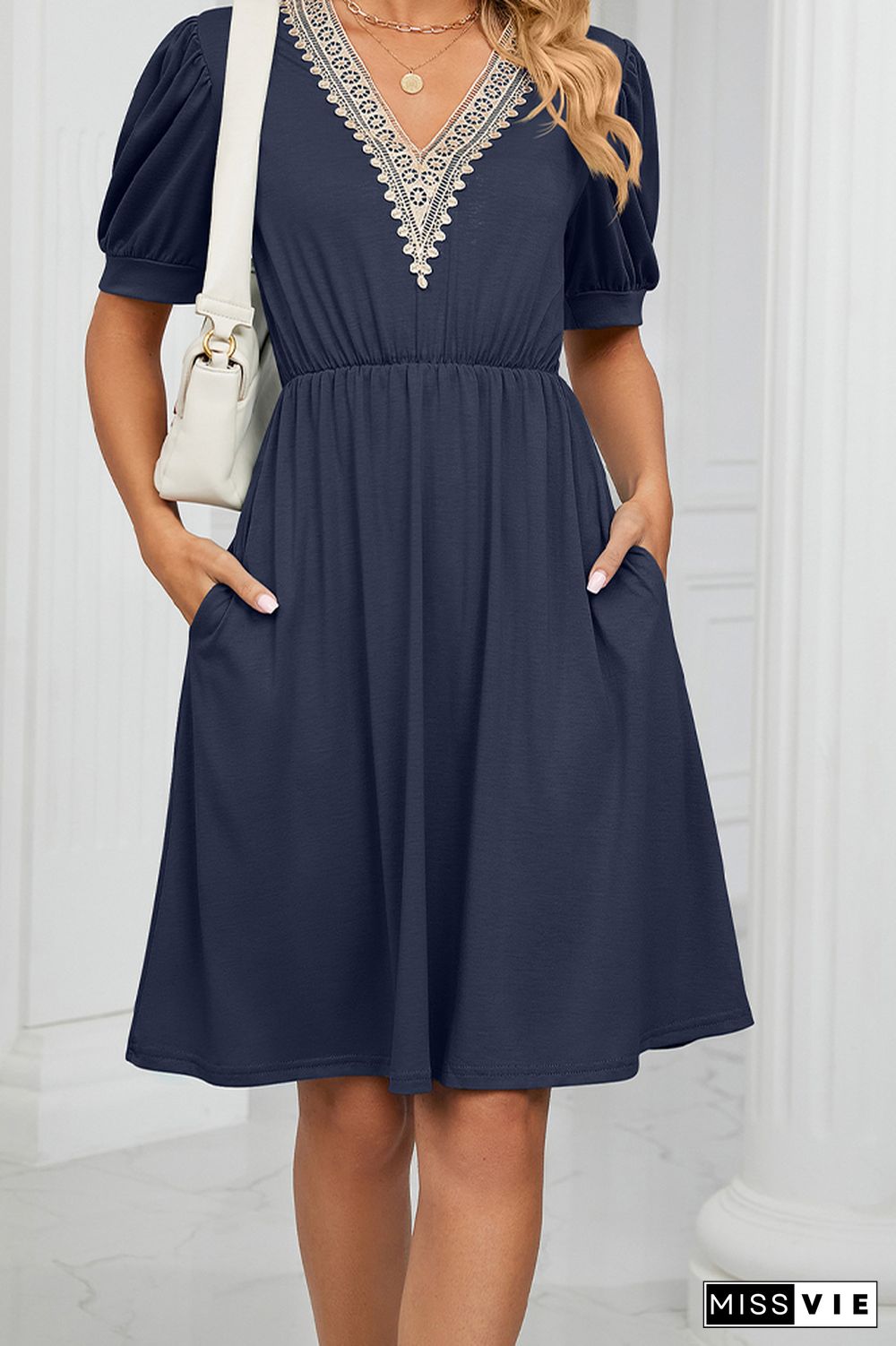 V Neck Lace Edge Pockets T-Shirt Dress