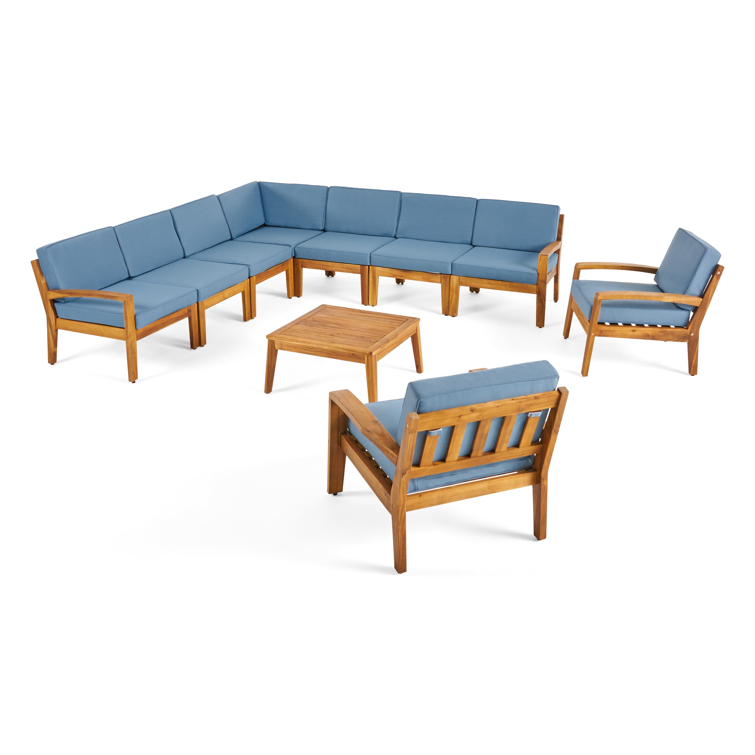 Madeline Outdoor Acacia Wood 9 Seater Sectional Sofa and Club Chair Set with Coffee Table