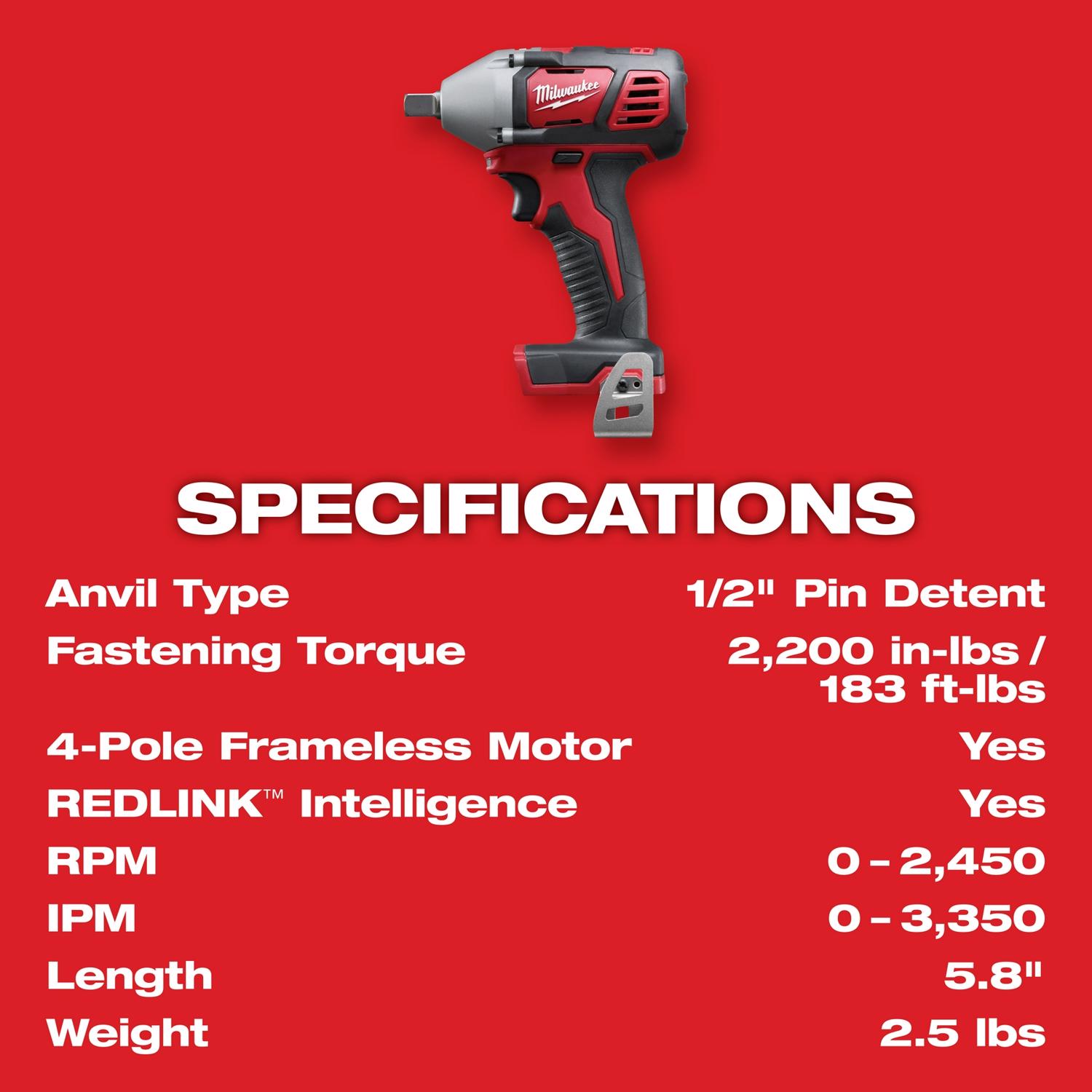 MW M18 18 V 1/2 in. Cordless Brushed Impact Wrench Tool Only