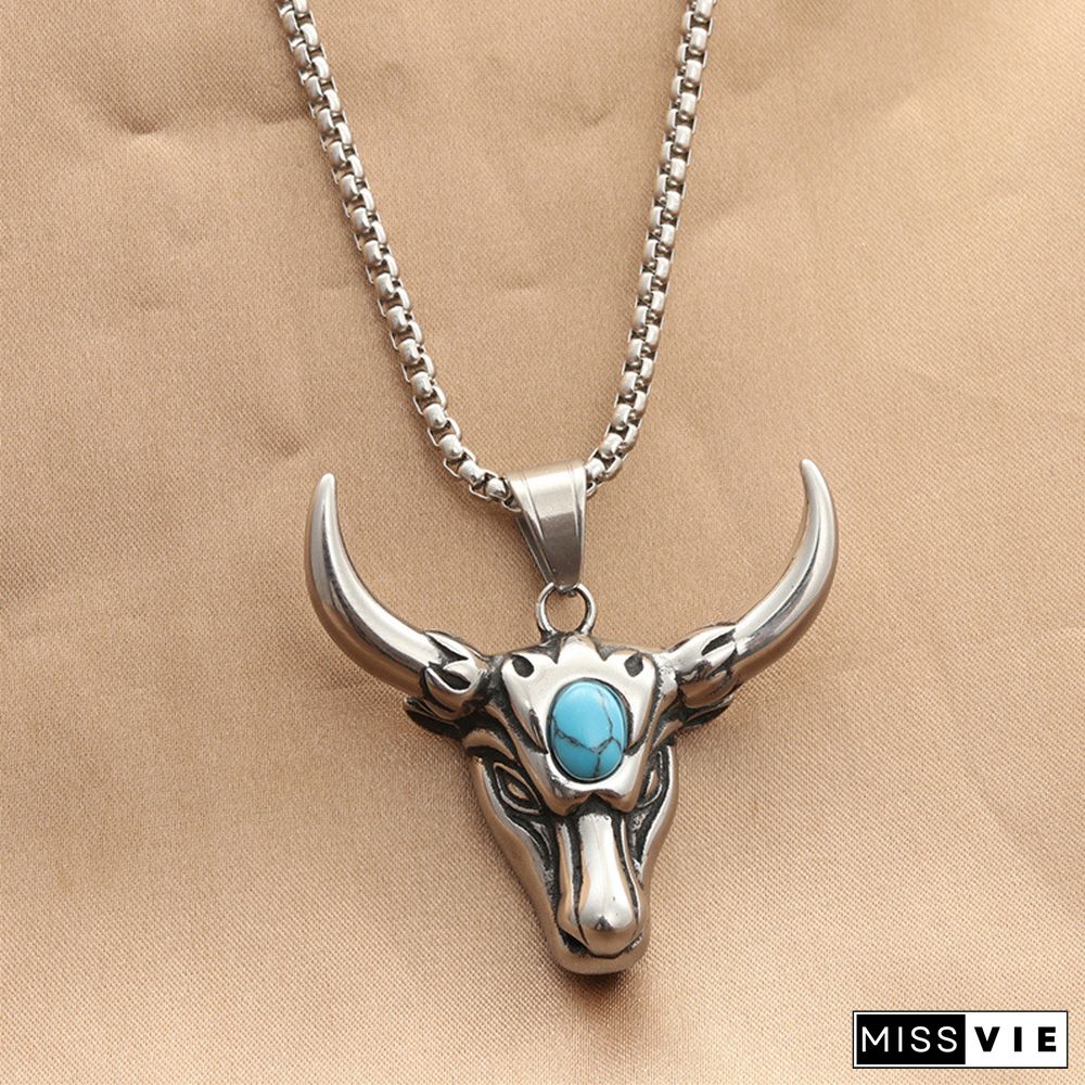 Stainless Steel Turquoise Bull Head Necklace