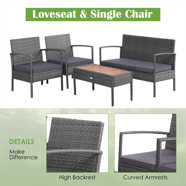 Tangkula Patio Rattan 4pcs Cushioned Chair Side Table Set Bistro Set Classic Furniture Single Sofa Thick Cushion Loveseat For Garden Black grey