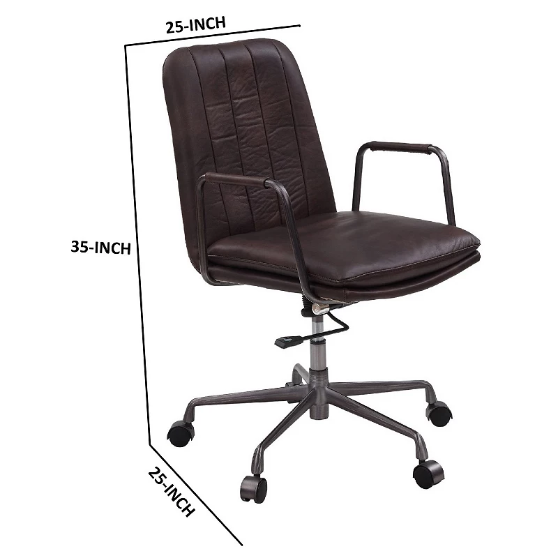 Office Chair with Leather Seat and Channel Stitching， Dark Brown