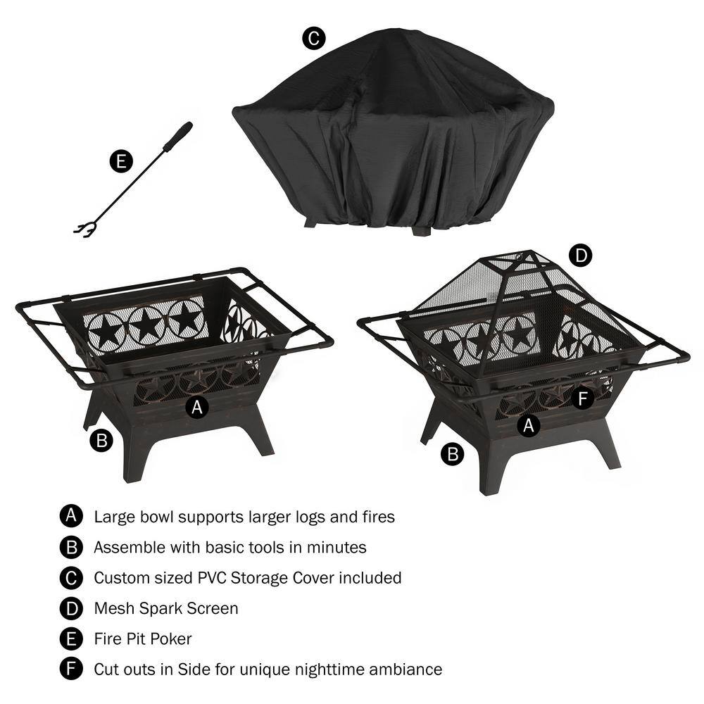 Pure Garden 32 in. W x 27 in. H Square Steel Wood Burning Outdoor Deep Fire Pit in Black with Star Design HW1500259