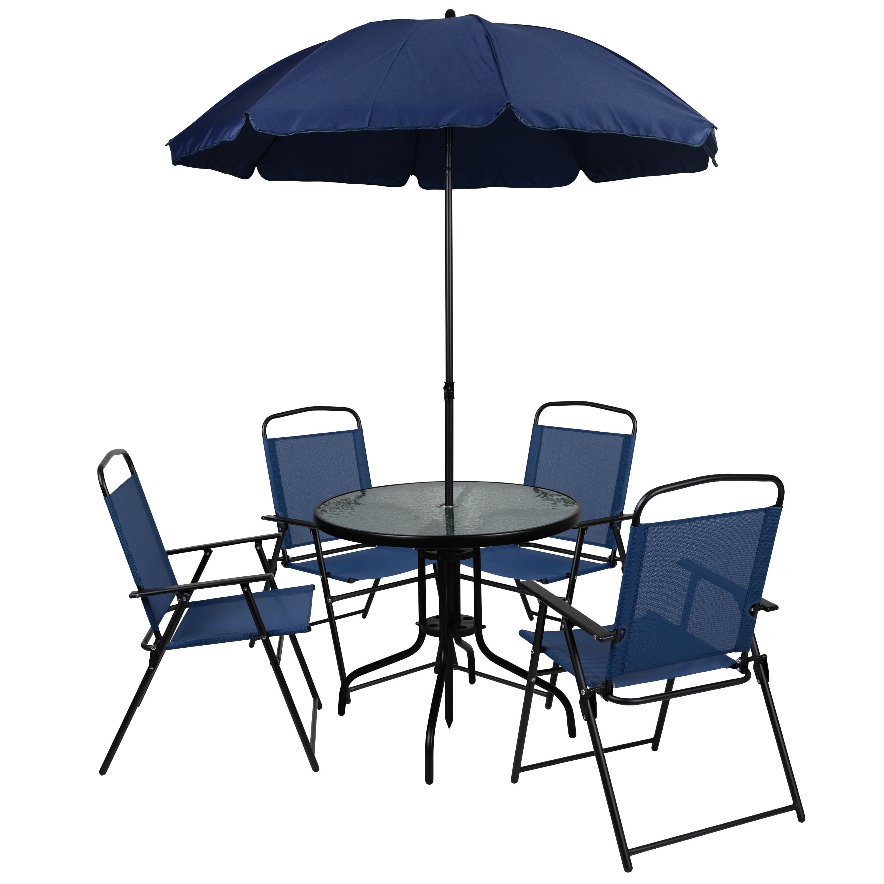 Flash Furniture Nantucket 6 Piece Navy Patio Garden Set with Umbrella Table and Set of 4 Folding Chairs