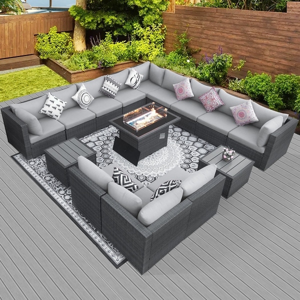 Nicesoul Outdoor Grey Wicker Sectional Furniture Patio Sofa Set with Firepit Table