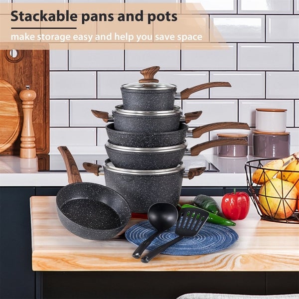 12 Pieces Cookware Set Granite Nonstick Pots and Pans Dishwasher Safe Black - none