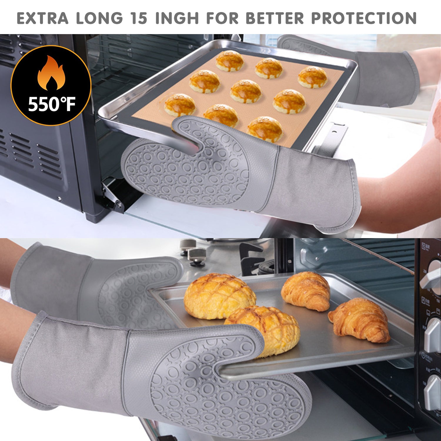 7pcs Silicone Oven Mitt and Pot Holder Set， Asablve 500°F Heat Resistant Oven Gloves， Non-Slip Oven Mittens with Mini Oven Gloves and Pot Holders Potholders for Kitchen Baking Cooking， Gray