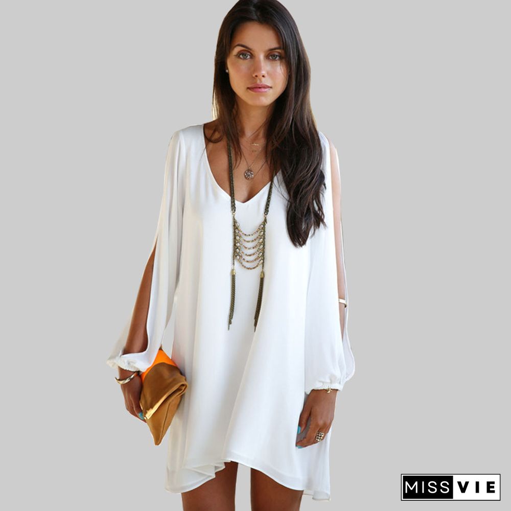 Chiffon Dress V-neck A-line Dress White Dresses