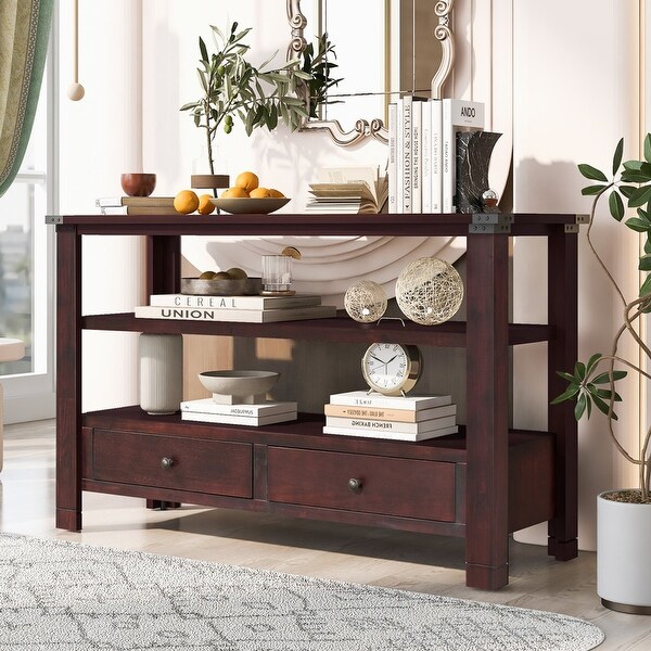 Modern Wood Sofa Table Console Table with 2 Drawers and 2 Shelves