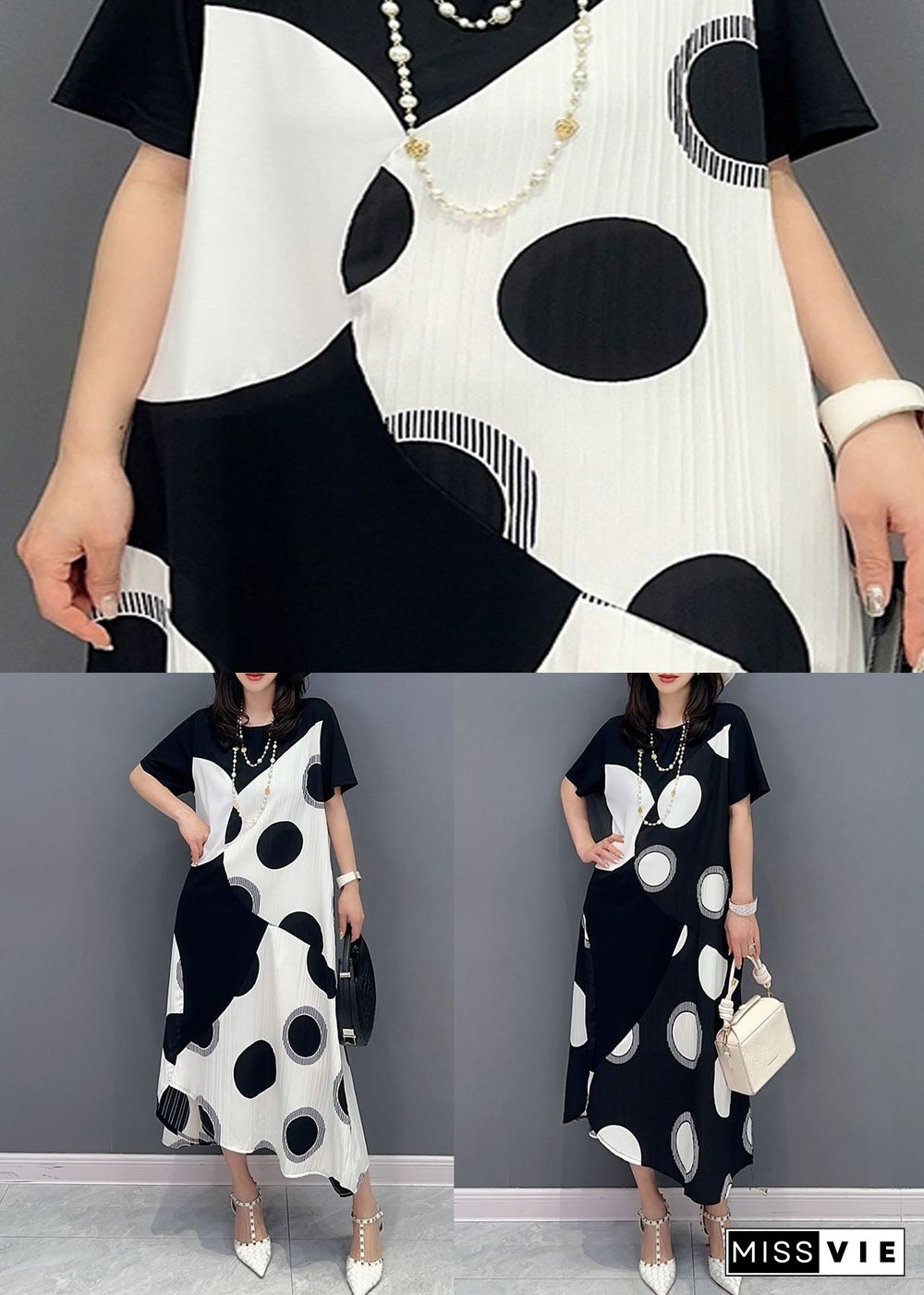 Art White O Neck Dot Print Patchwork Cotton Dresses Summer