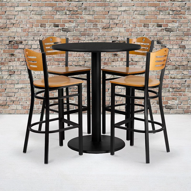 Emma and Oliver 36 Round Black Laminate Table Set， 4 Wood Slat Back Metal Stools