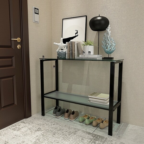 Rectangular Console Table， Double-layer Tempered Glass Porch Table