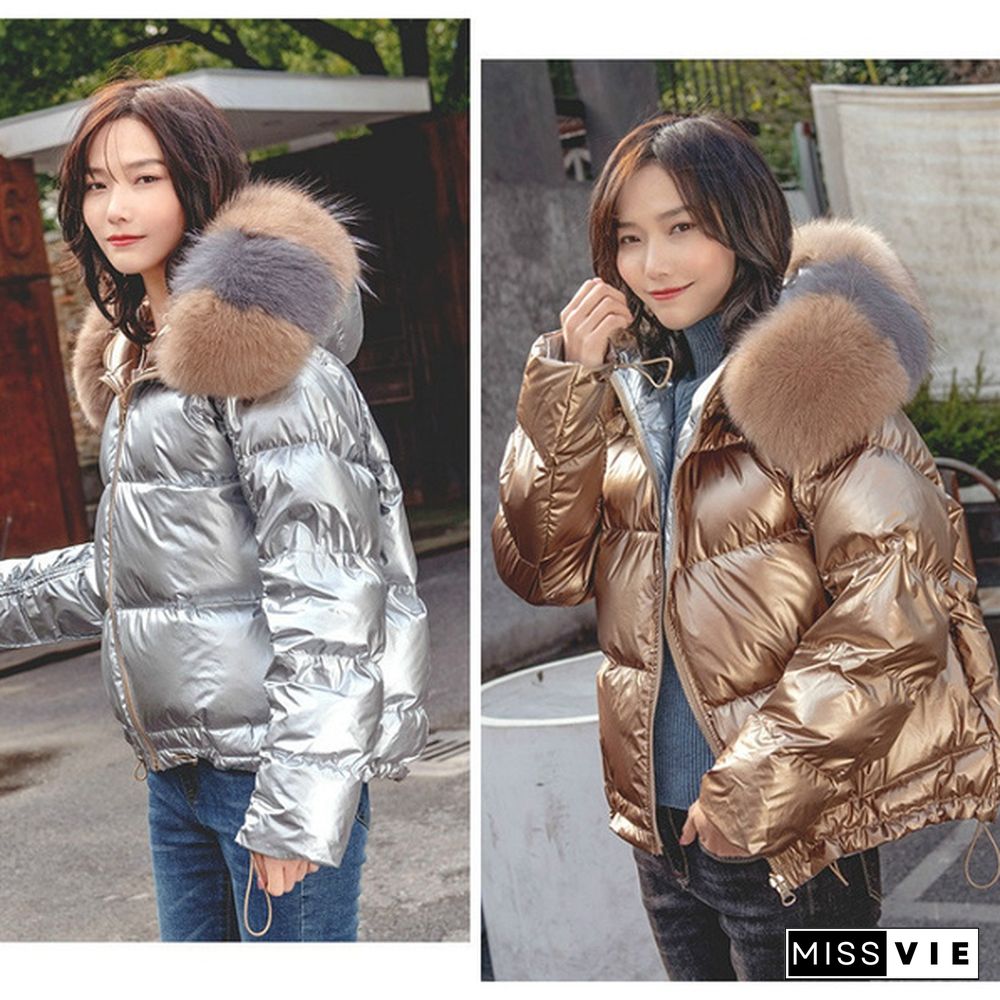 Women Duck Down Coat Fur Hooded Parka Warm Jacket Puffer Shiny Ski Winter