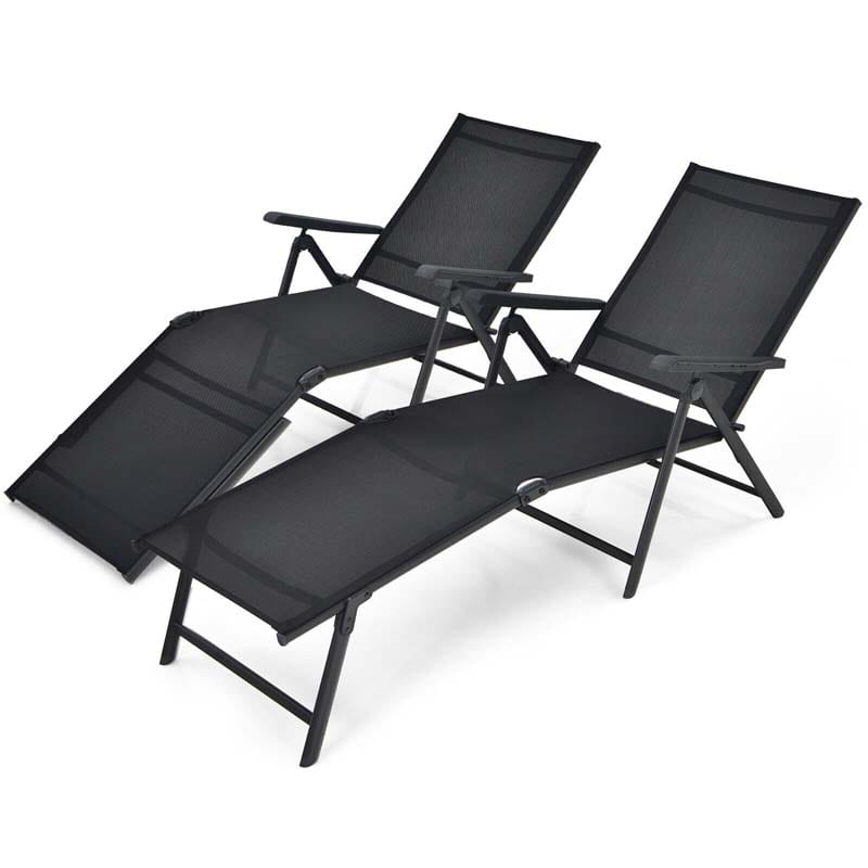 2 Pcs Folding Chaise Lounge Chair with 5-Position Backrest & 2-Position Footrest, Fabric Seat Sun Lounger for Pool Deck Beach