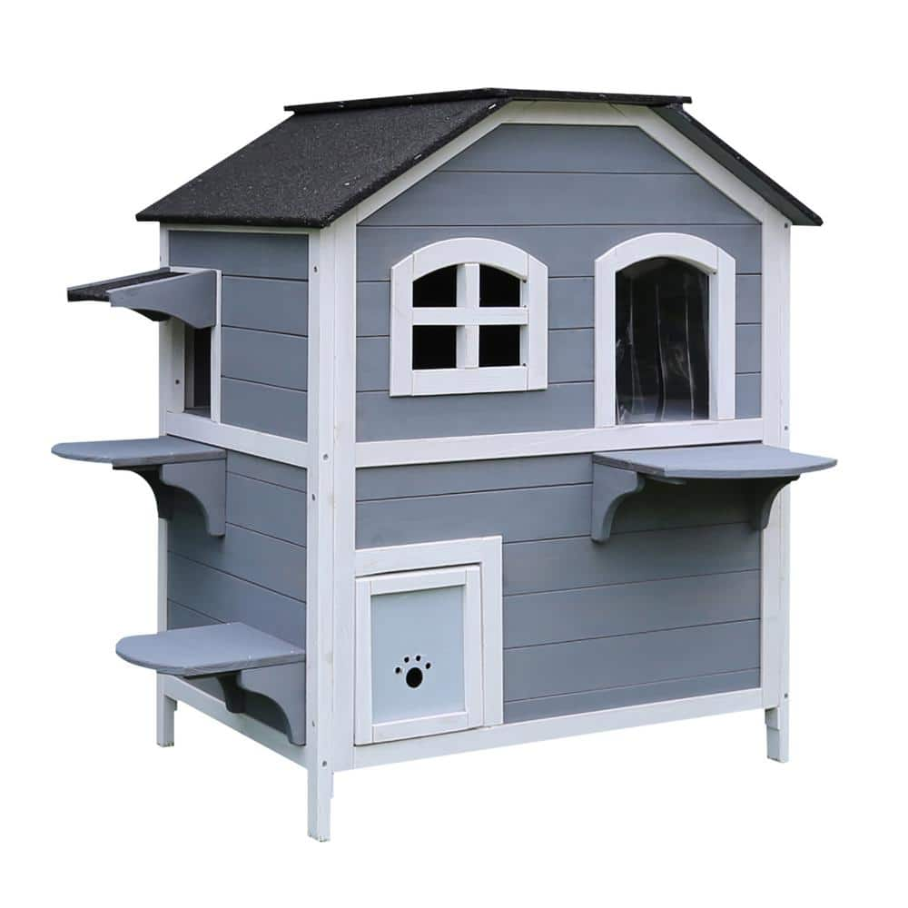 Hanover Outdoor Cat House with 2-Levels, Waterproof Roof, Escape Doors and Ledge Seating HANCH0101-WG