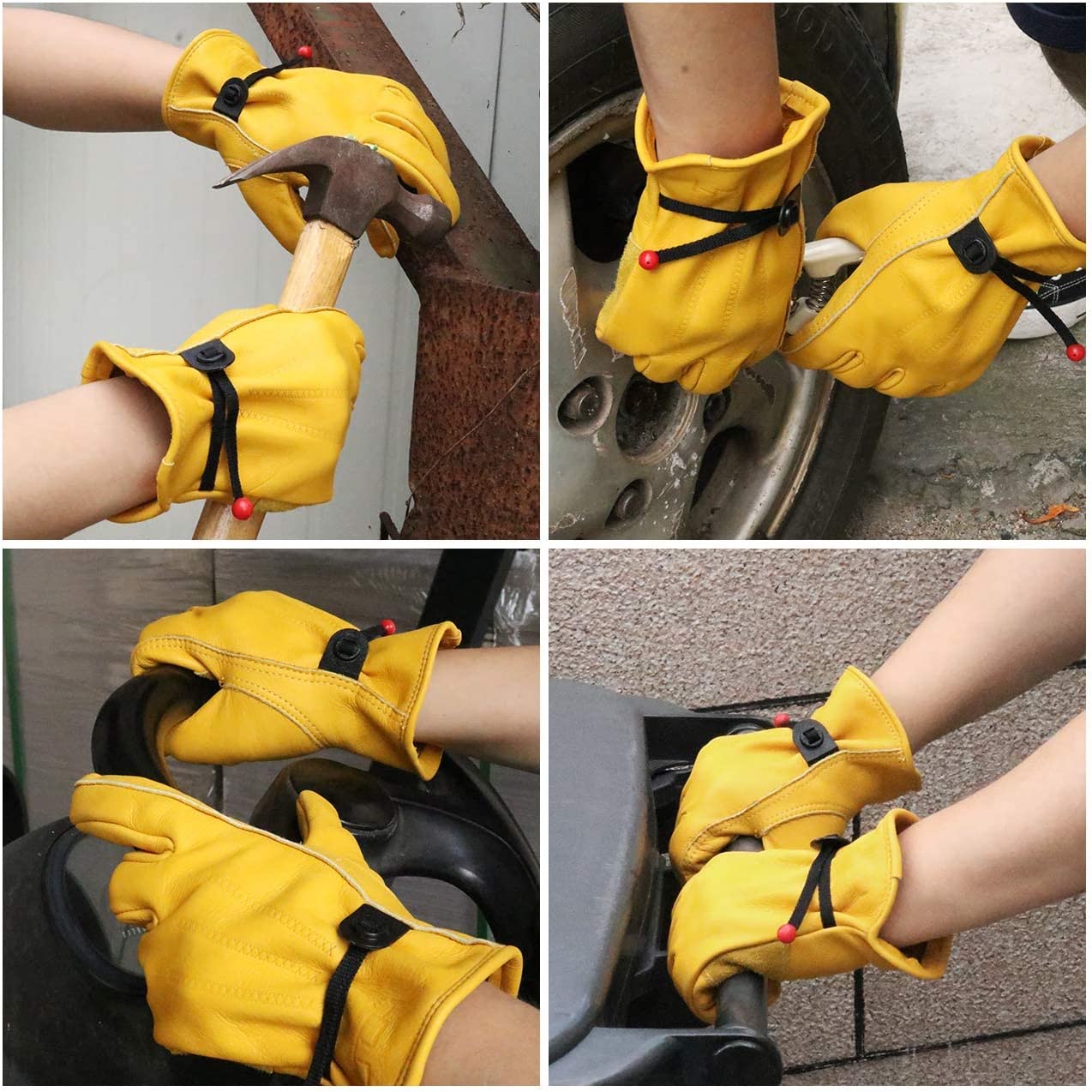 HANDLANDY 2 Pairs Cowhide Leather Work Gloves for Men Women,Adjustable Wrist, Puncture and Cut Resistant, Rigger Glove for Driver, Yardwork, Gardening (Medium, Yellow)