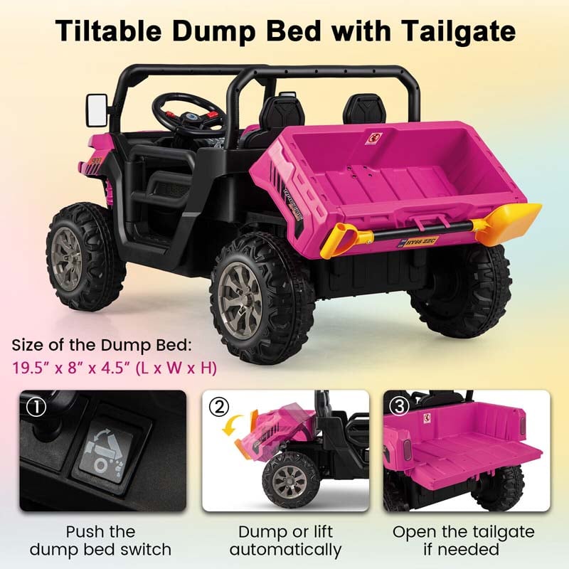 2-Seater Kids Ride On Car, 12V Battery Powered Off-Road UTV Dump Truck with Electric Dump Bed & Shovel