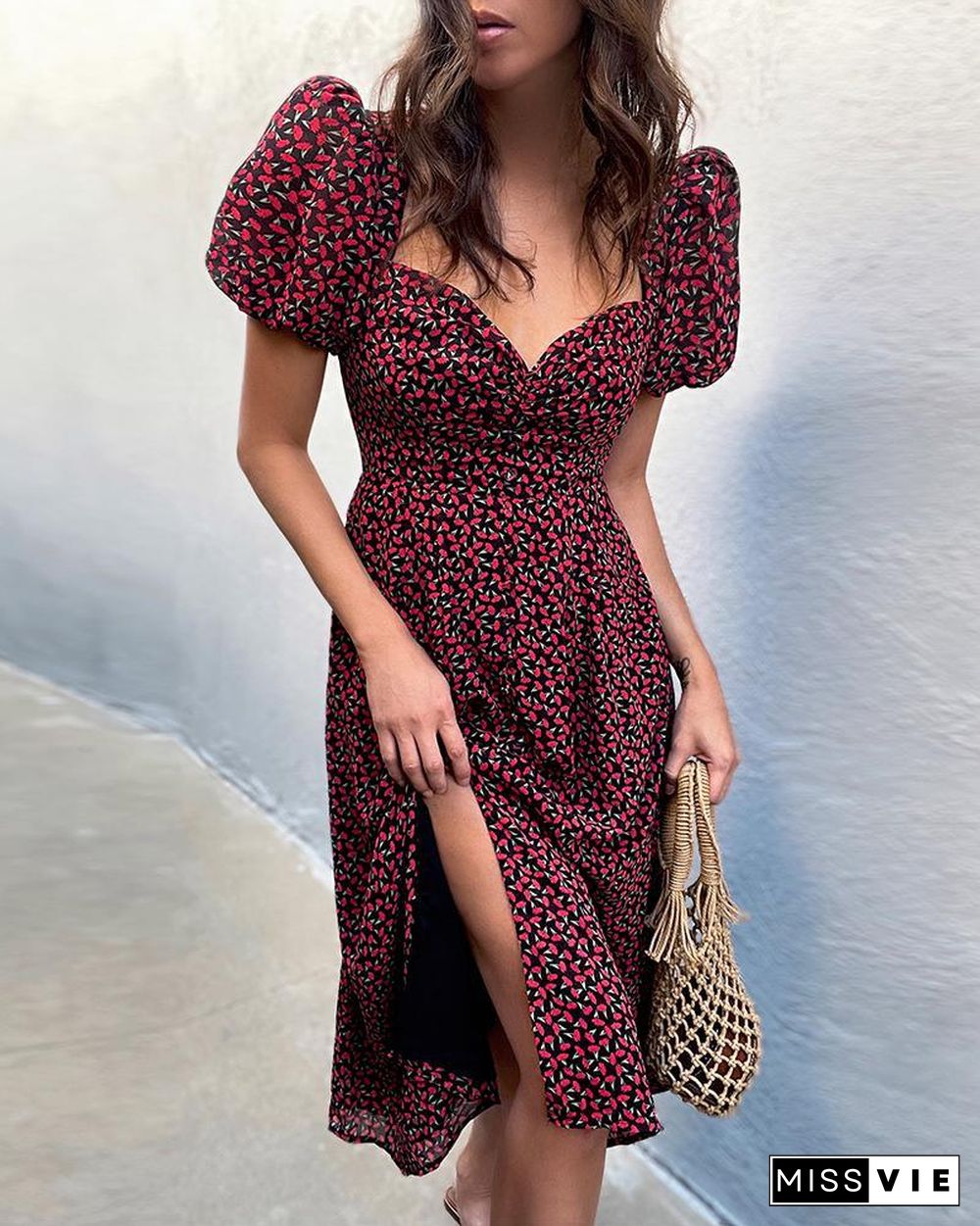 Floral Print Puff Sleeve Slit Midi Dress P11898