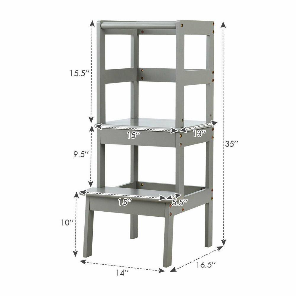 WELLFOR 2-Step Pine Wood Step Stool 330 lbs. Learning Toddler Tower with Safety Rail in Gray BB-HGY-5551GR