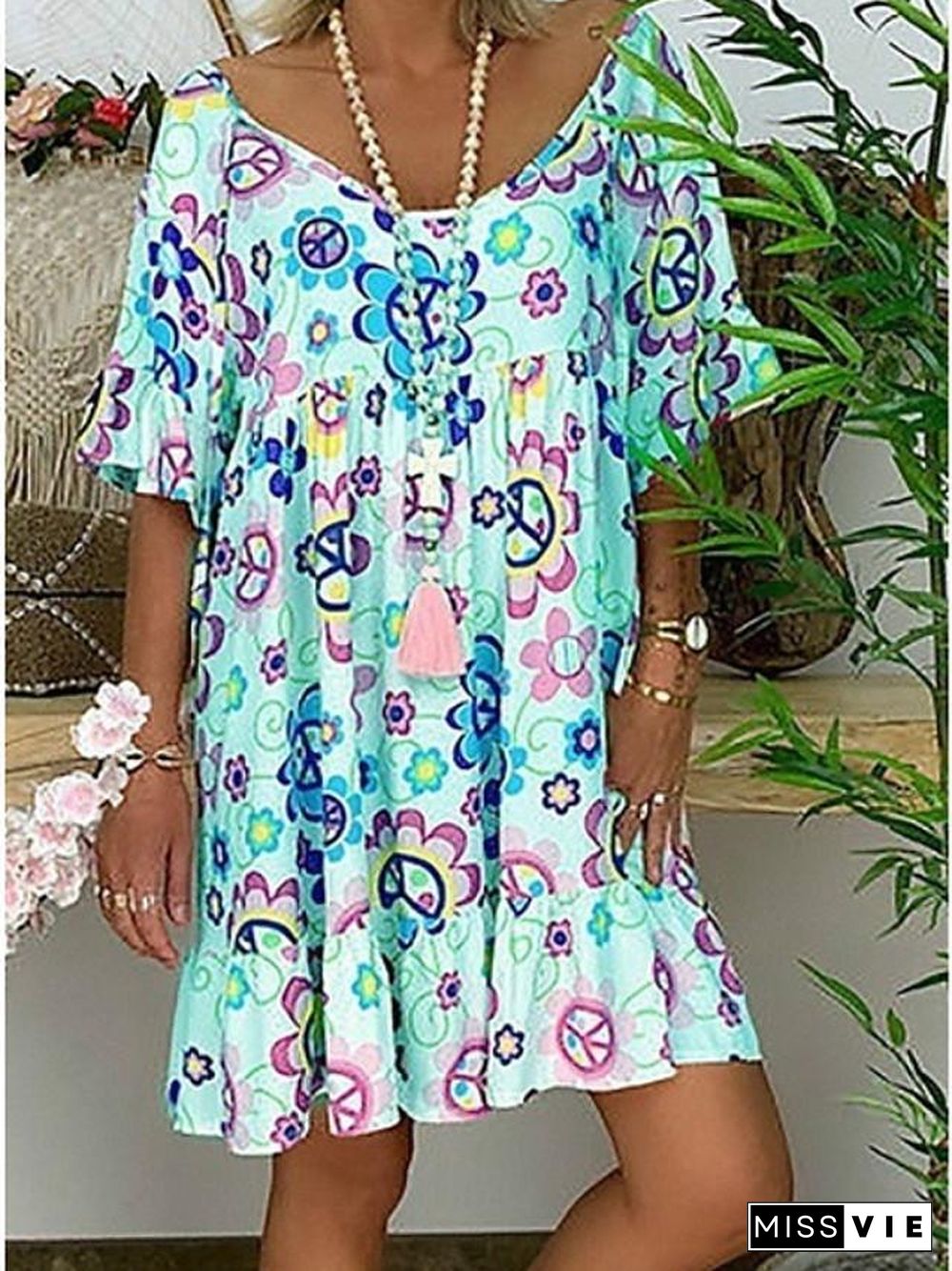 Women's Tunic Knee Length Dress - Short Sleeve Floral Print Summer Basic Hot White Blue Red Light Blue M L XL XXL 3XL 4XL 5XL-0218817