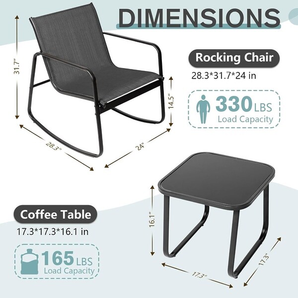 3Piece Outdoor Patio Rocking Chair Bistro Set with Glass Top Coffee Table