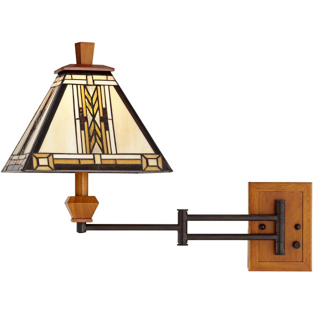 Robert Louis  Rustic Swing Arm Wall Lamp Walnut Wood Bronze Plug in Light Fixture Adjustable Stained Glass Shade For Bedroom Bedside Reading