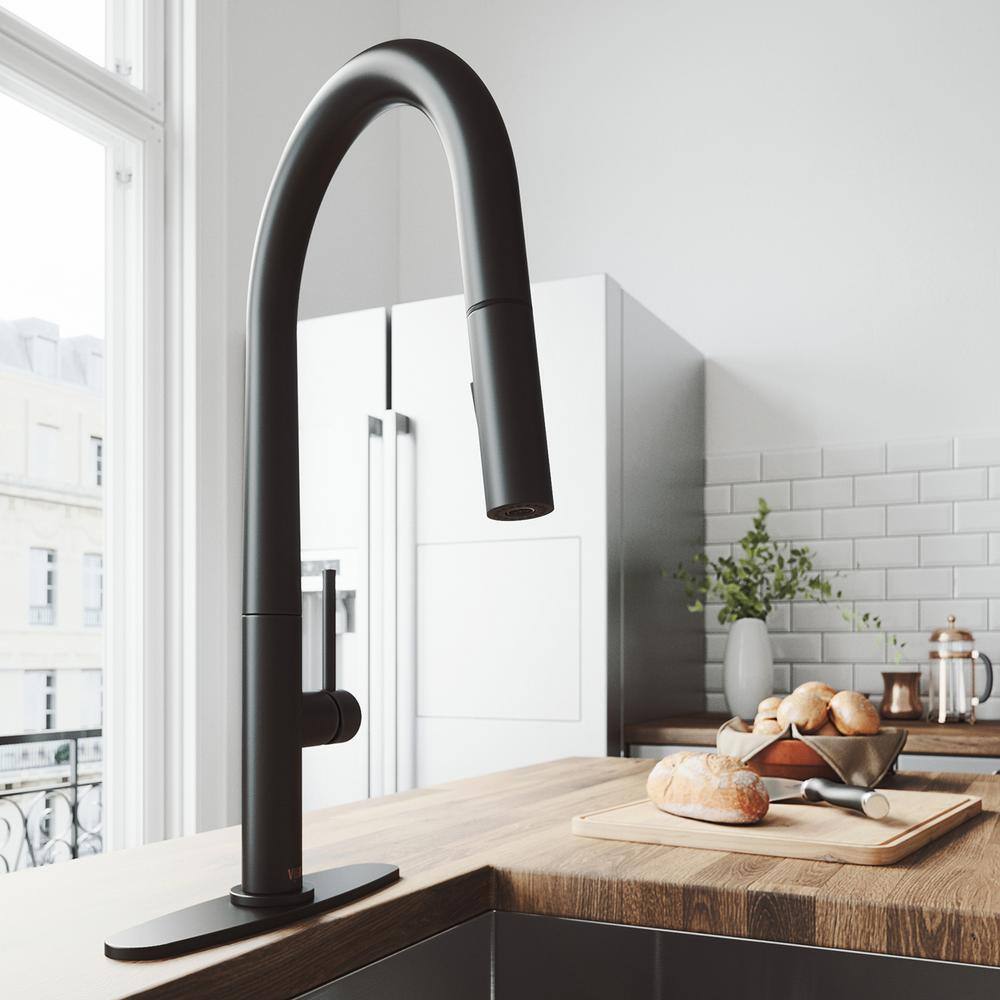 VIGO Greenwich Single Handle Pull-Down Sprayer Kitchen Faucet Set with Deck Plate in Matte Black VG02029MBK1