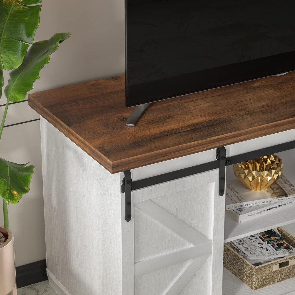 TV Stand up to 65 Inches  Modern Entertainment Center with Sliding Barn Doors and Storage Cabinets  Metal Media TV Table