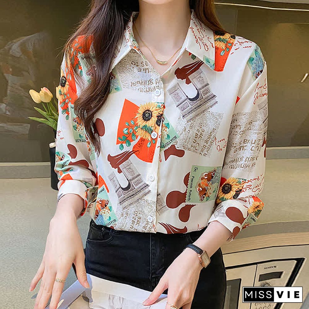 Vintage Floral Letter Print Long Sleeve Chiffon Shirt Workwear