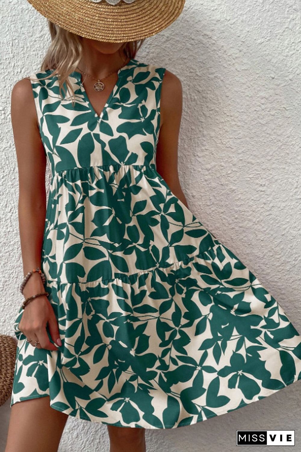 Sleeveless V Neck Flower Print Splicing Dress