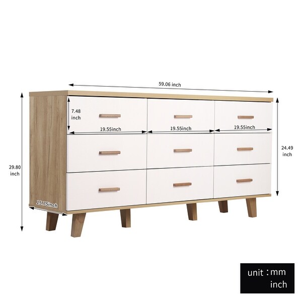 Modern Wood Dresser Bedroom Storage Cabinet with 9 Drawers - - 36898574