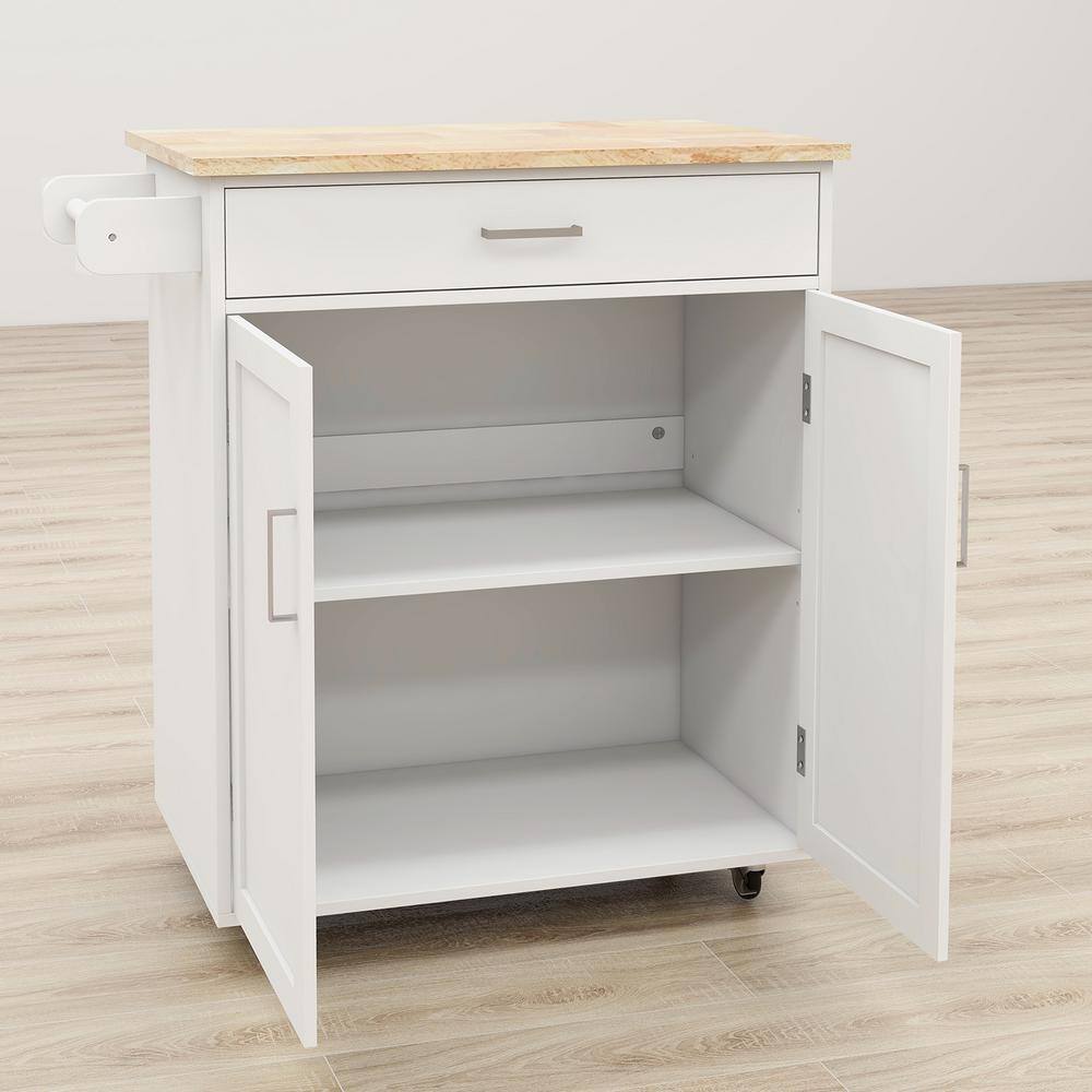 Modern White Kitchen Island Rolling Trolley Cart with Brakes Towel Rack and Rubber Wood Table Top Alloy Door Handle ZY-W28235386