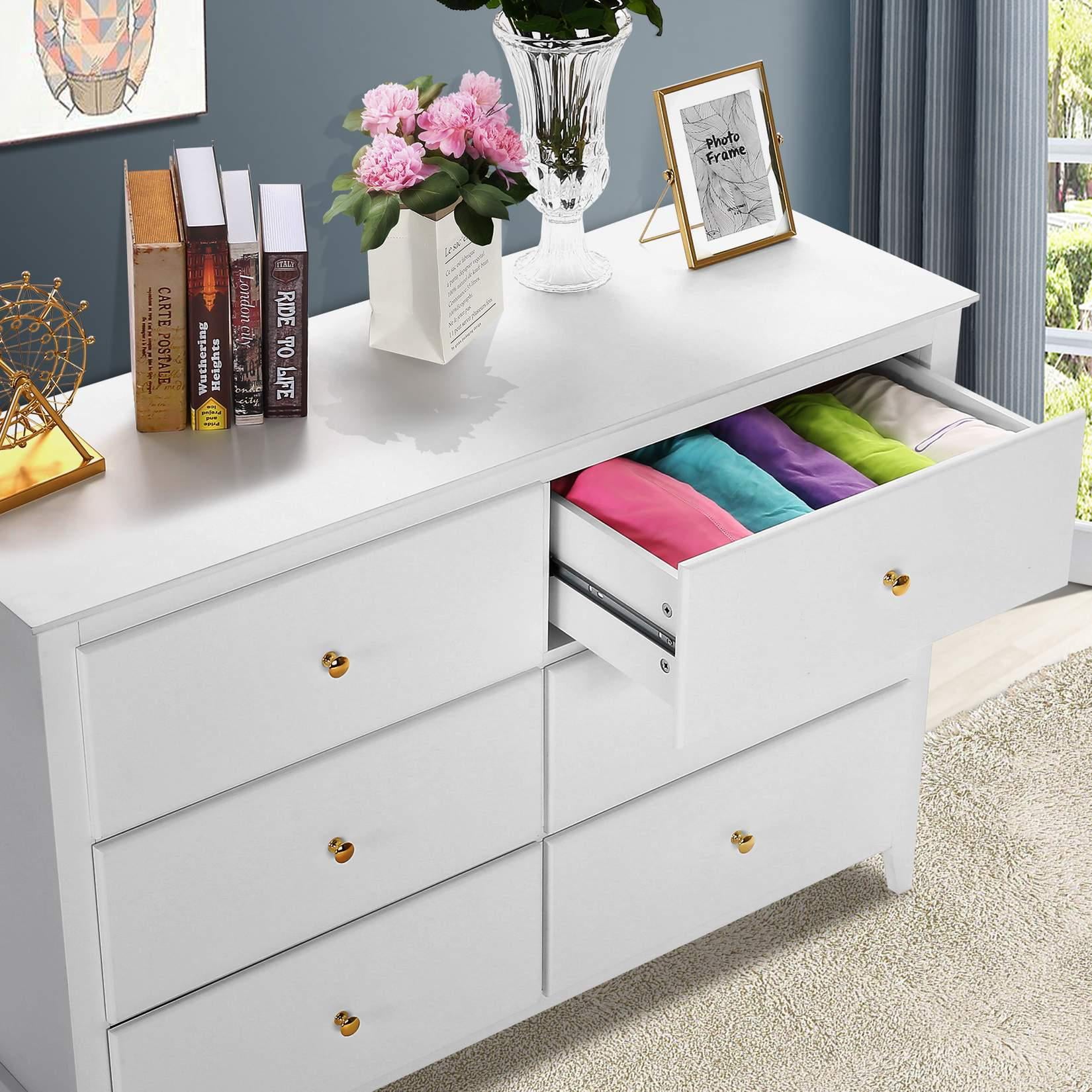 SEJOV 6 Drawers Dresser White Closets Chest Tall Nightstand Double Dresser with Gold Metal Handles Storage Containers Modern Wood Dresser for Bedroom Kids Room Living Room Nursery Hallway Office