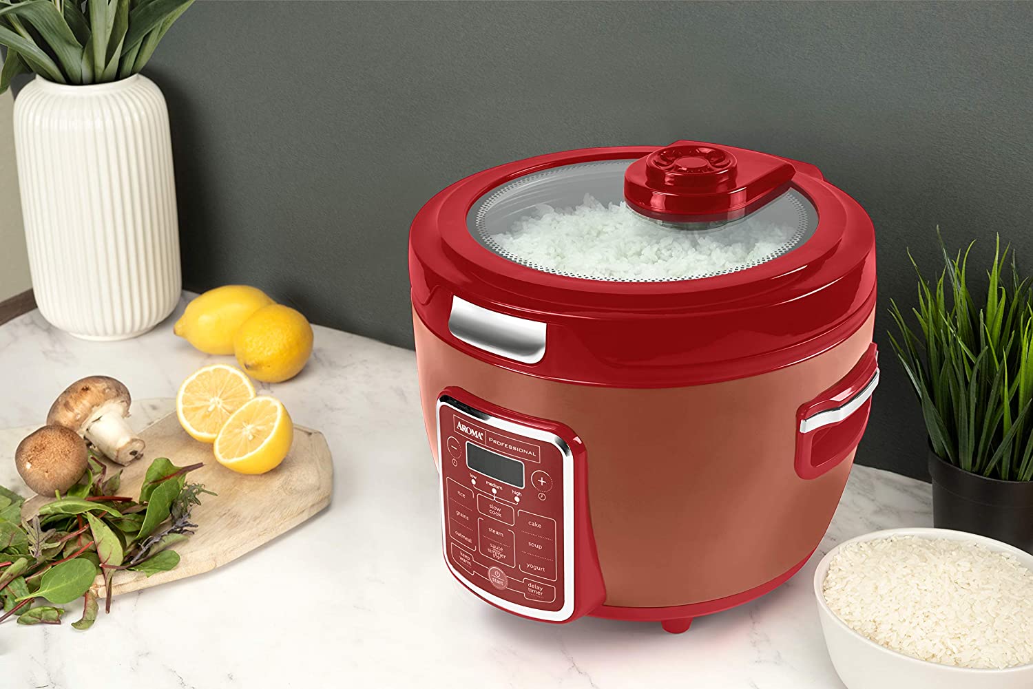 AROMA 20-Cup Red Rice Cooker with Glass Lid