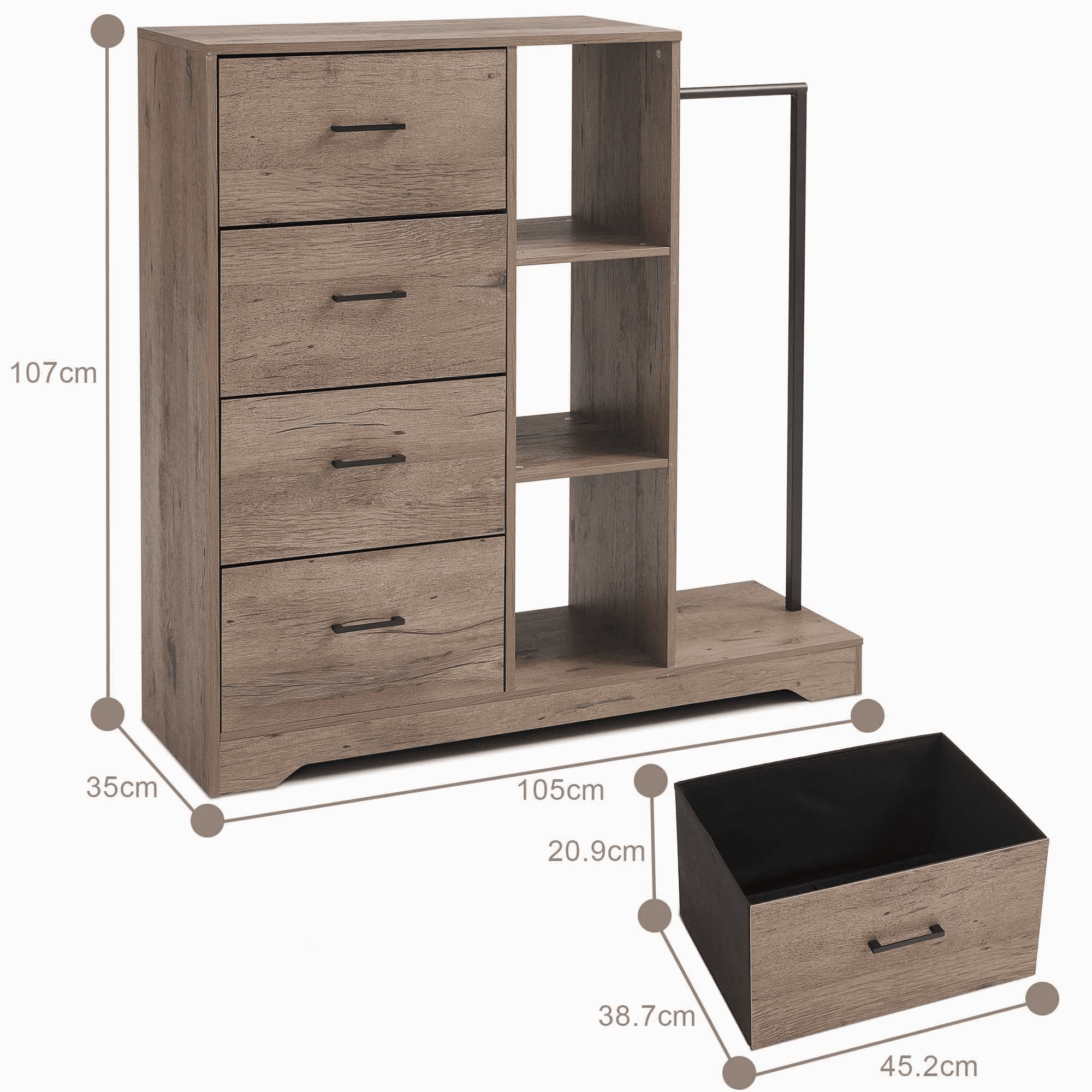 FRAPOW 4 Drawer Dresser for Bedroom with Metal Clothes Rack, 3 Open Storage Chest Dresser, Rustic Brown