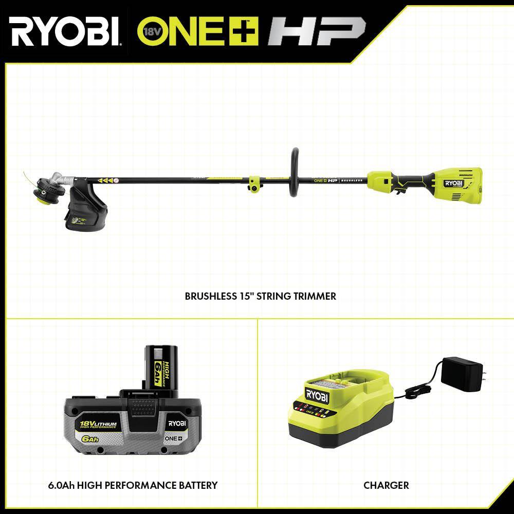 RYOBI ONE+ HP 18V Brushless 15 in. Attachment Capable String Trimmer with 6.0 Ah Battery and Charger P20220