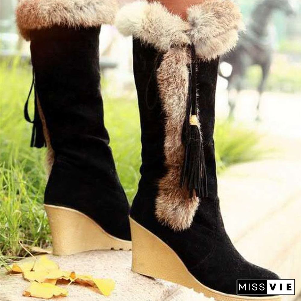 Women Plus Size Vintage Fringe Plush Warm Wedge Heel Block Heel Snow Boots