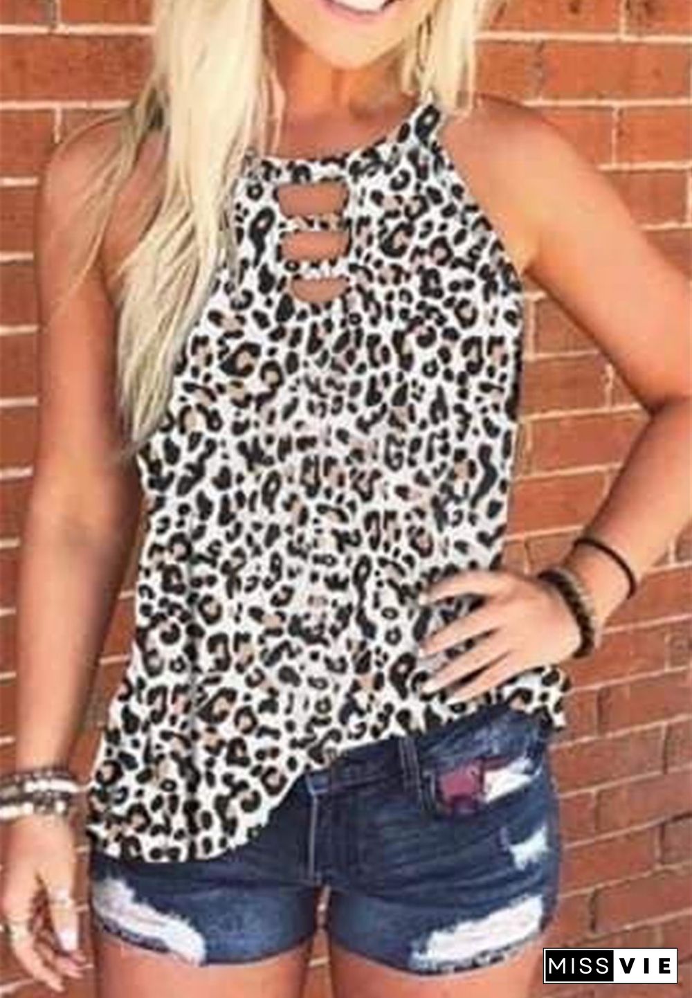 White Leopard Hollow Out Neck Tank Top