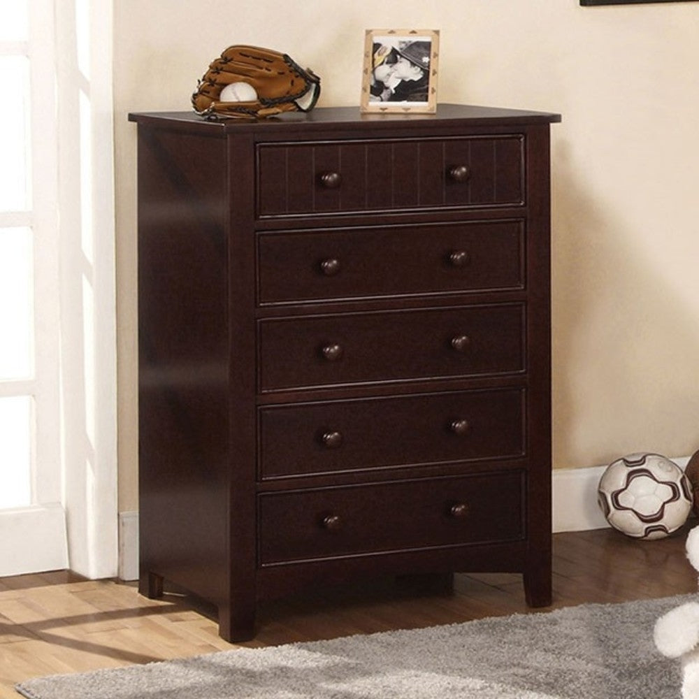 5 Drawer Transitional Chest, Dark Walnut Brown- Saltoro Sherpi