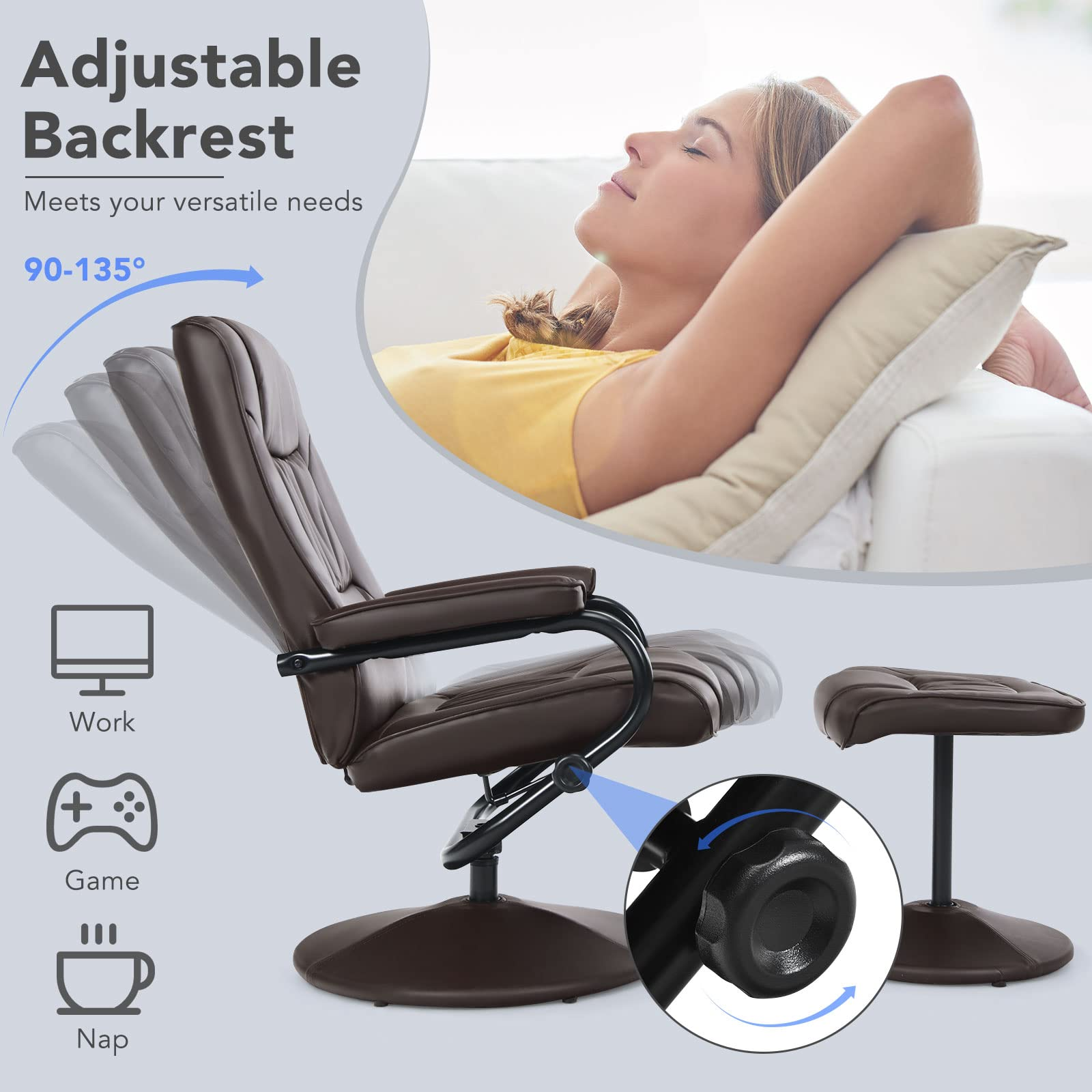 Giantex Recliner Chair with Ottoman, 360 Degree Swivel Leather Reclining Chair with Stable Steel Base