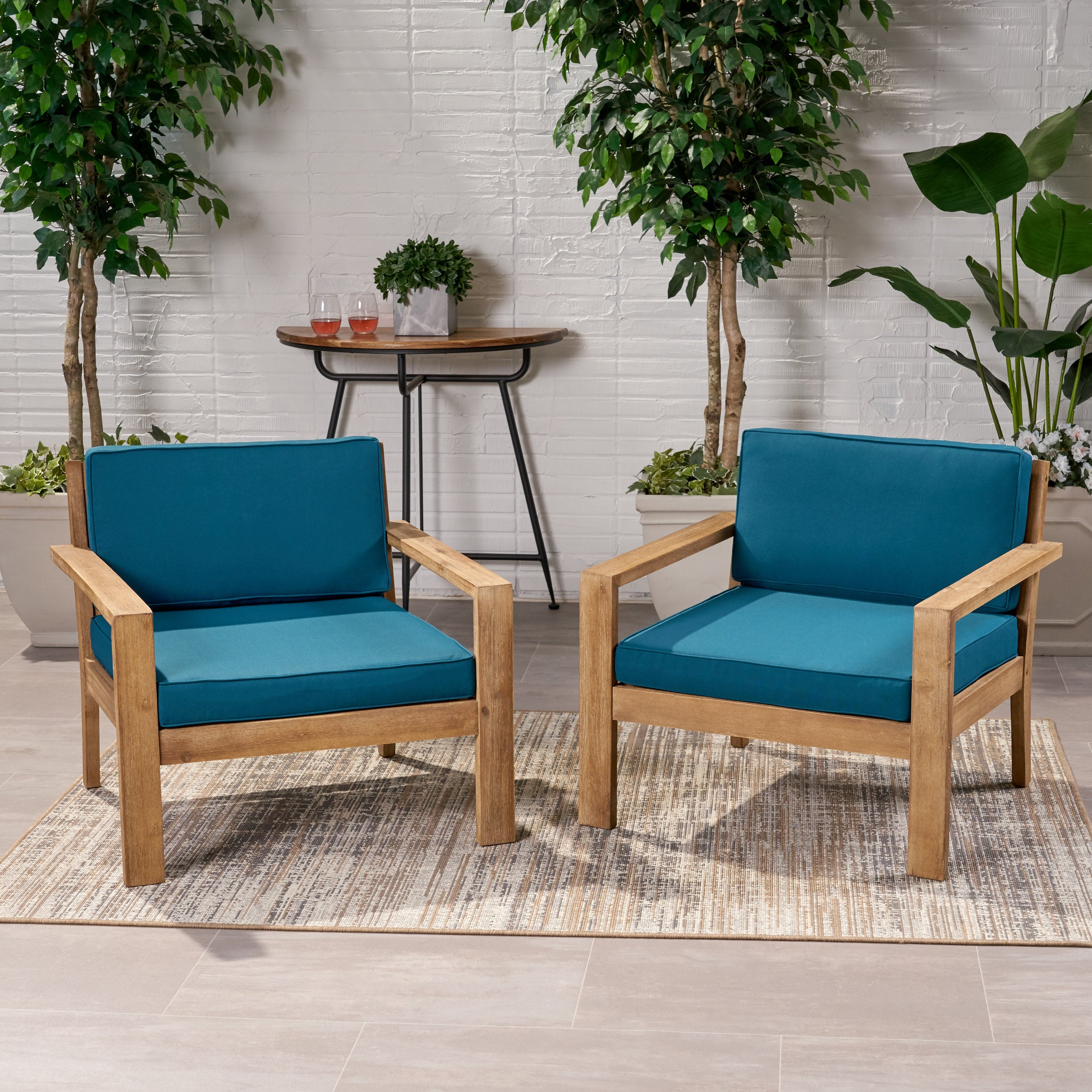 Miranda Outdoor Acacia Wood Club Chairs with Cushions (Set of 2)