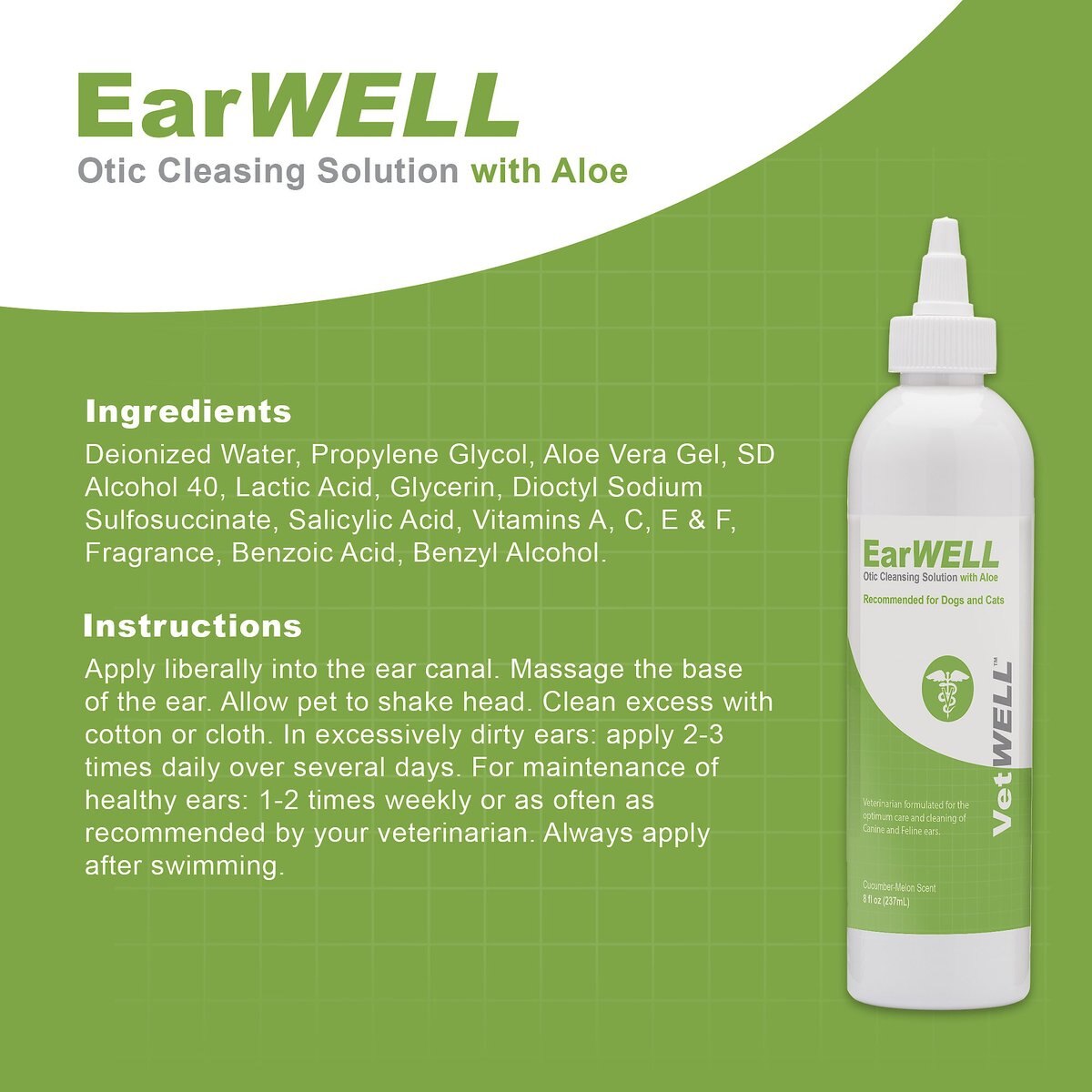 VetWELL EarWELL Otic Cleansing Solution with Aloe Cucumber Melon Scent Dog and Cat Ear Solution