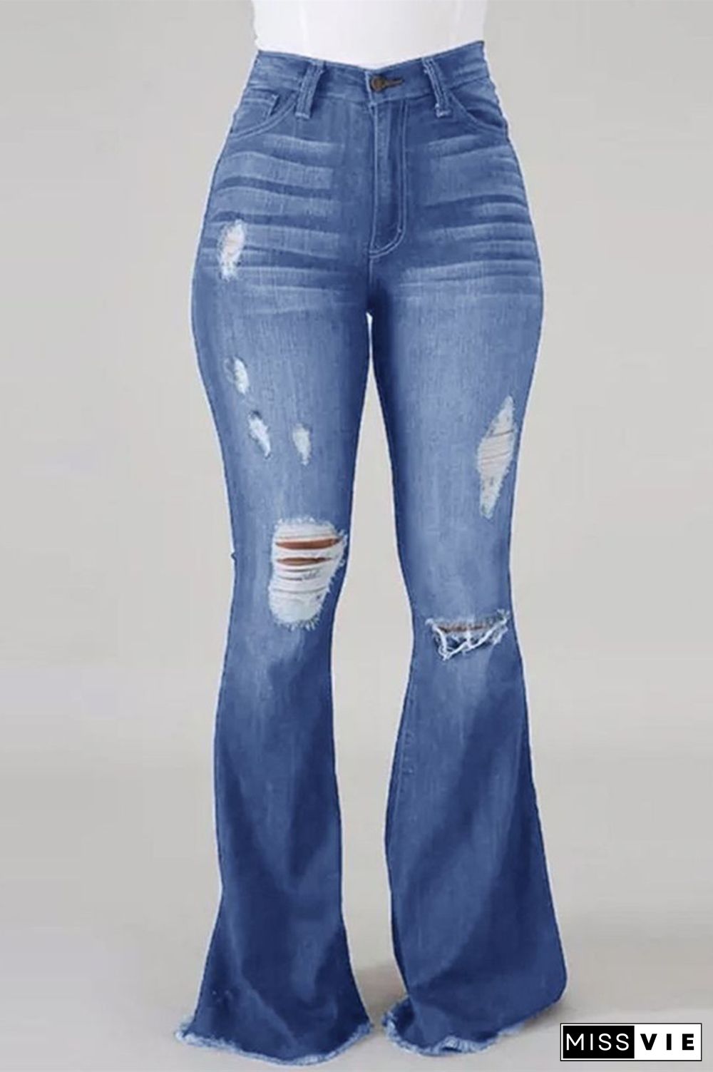 Fashion Casual Solid Ripped High Waist Regular Denim Jeans